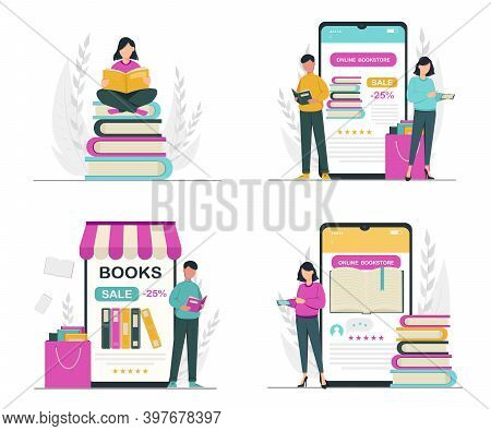 Book Lover, Reading, Library Concept. Faceless Cartoon Characters, Men And Women, Set Of Four Poses.