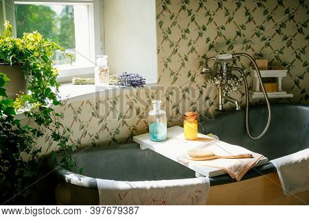 Radun Castle Interior, Neo-classical Chateau, Bathroom, Bath With Towels, Bath Salt, Dried Lavender,