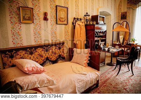 Radun Castle Interior, Neo-classical Chateau, Bedroom, Single Bed, Desk With Papers And Photos, Mirr