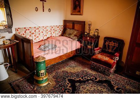 Radun Castle Interior, Neo-classical Chateau, Bedroom, Single Bed, Bedside Table With Photos, Soft V