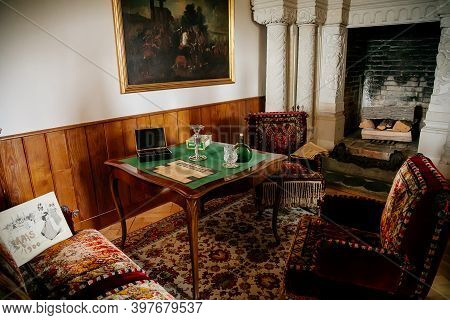 Radun Castle Interior, Neo-classical Chateau, Table With Green Cloth, Glasses And Bottles, Large Sto