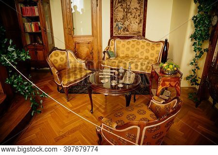 Radun Castle Interior, Neo-classical Chateau, Yellow Library, Baroque And Rococo Carved Wooden Furni