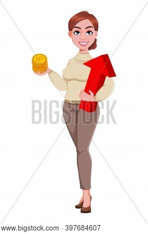 Stock Vector. Young Beautiful Business Woman Holding Bitcoins And Red Arrow. Pretty Businesswoman Ca