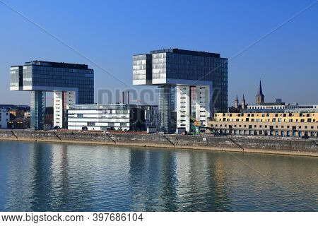 Cologne, Germany - September 21, 2020: Skyline Of Rheinauhafen District In Cologne City, Germany. Fo