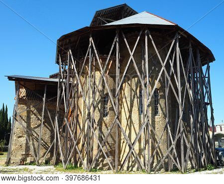 Old And Ancient Architecture Of Abkhazia. Beautiful And Ancient Architecture Against The Background 