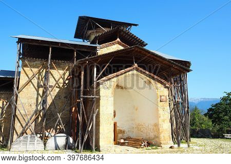 Old And Ancient Architecture Of Abkhazia. Beautiful And Ancient Architecture Against The Background 