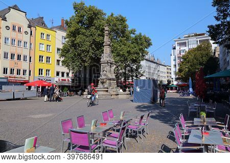 Cologne, Germany - September 22, 2020: People Visit Alter Markt Town Square In Cologne City, Germany