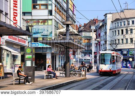 Witten, Germany - September 16, 2020: People Wait For A Tram In Downtown Witten, Germany. Witten Is 