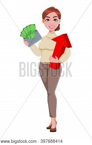 Stock Vector. Young Beautiful Business Woman Holding Money And Red Arrow. Pretty Businesswoman Carto