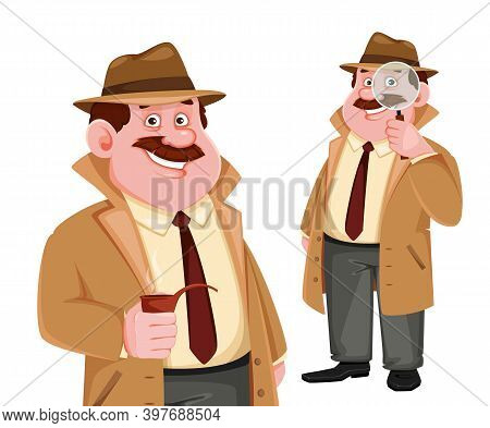 Stock Vector Detective Character, Set Of Two Poses. Investigator Cartoon Character. Vector Illustrat