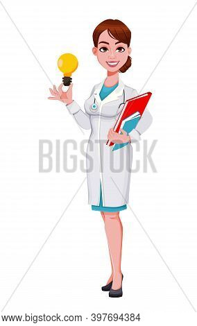 Stock Vector Cheerful Doctor Cartoon Character. Beautiful Young Woman Doctor Having A Good Idea. Vec