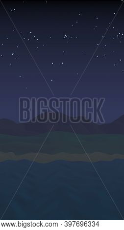 Starry Moonless Sky. Ocean Shore Line With Waves On A Beach. Island Beach Paradise With Waves. Vacat