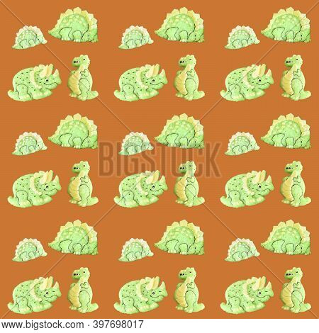 The Pattern Is Composed Of Dinosaurs, Dragons Made Of Rice. Kyaraben, Bento. Creative Food  Is On An
