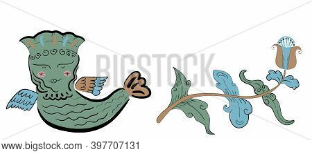 Vector Card With Traditional Folk Bird With Flower On White Background