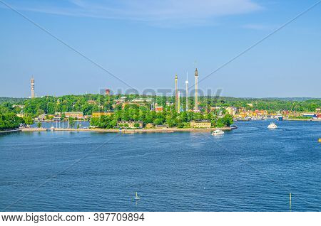 Aerial Panoramic View Of Djurgarden Island And Tivoli Carousel Amusement Attractions Grona Lund Luna