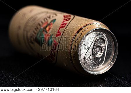 Birra Moretti, A Premium Lager Beer With Water Droplets On Black Background. Studio Photo Shoot In B
