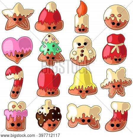 Set Of Cute Cartoon Gingerbread Cookies In Color
