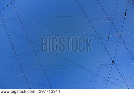 Wires In The Blue Sky, Polluted City Sky Space And Cityscape, Background
