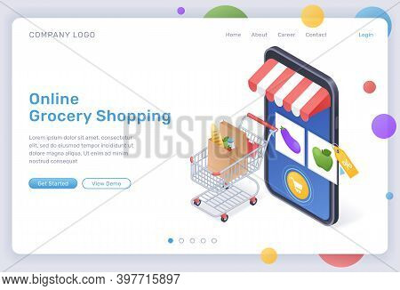 Online Grocery Shopping Isometric Landing Page, Digital Store For Food Purchasing, Goods In Trolley 