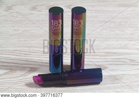 Primelin - France, November 16, 2020 : Three 183 Days Lipsticks On Wooden Background