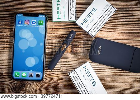 Katowice, Poland - February 26, 2020: Heating Tobacco System Iqos. Iqos Philip Morris Tobacco Produc