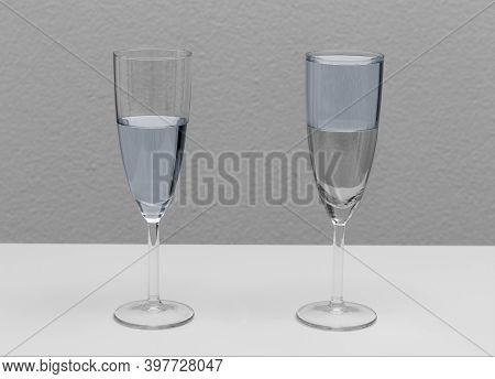 Two Glasses, One Half Full Other Half Empty Showing Concept Of Optimistic Or Pessimistic Attitude.