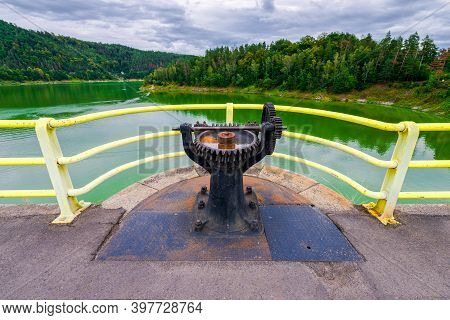 Detail Of The Crown Of Dam On Bobr River And Hydroelectric Water Power Station In Pilchowice In Pola