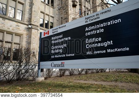 Ottawa, Ontario, Canada - November 18, 2020: A Sign For The National Headquarters Of The Canada Reve
