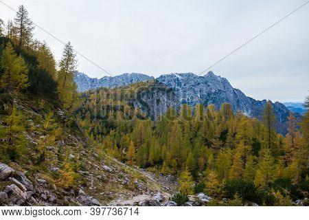 Beautiful Autumn For Hike In The Mountains. Triglav National Park In Kranjska Gora, Slovenia.