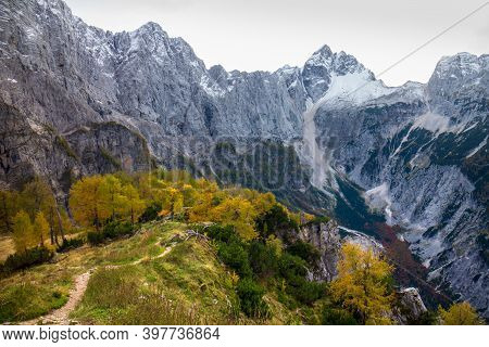 Beautiful Autumn For Hike In The Mountains. Triglav National Park In Kranjska Gora, Slovenia.