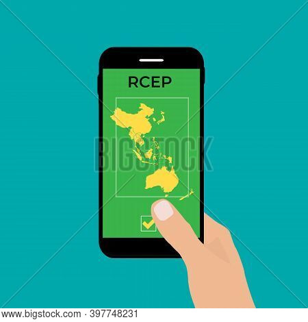 Concept Phone With Modern Regional Comprehensive Economic Partnership Rcep Map.  Illustration