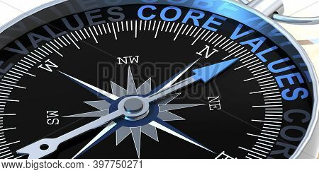 Compass Needle Pointing To Word Core Values, 3d Rendering