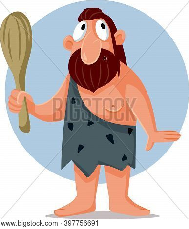 Funny Cartoon Vector Illustration Of A Caveman Holding A Bat