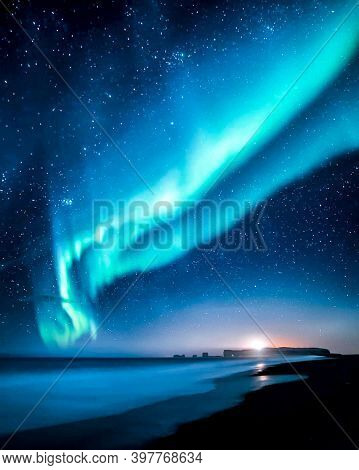 Multicoloured Green, Blue Vibrant Aurora Borealis Polaris, Northern Lights In Night Sky. Galaxy Sky.