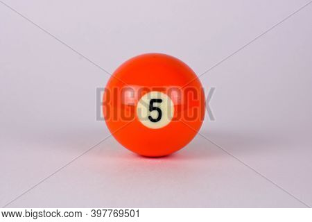 Shiny Jrange Ball Number 5 For Billiard Isolated On White Background. High Quality Photo