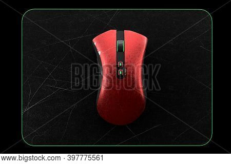 Used Metal Red Gaming Mouse With Scratches On Professional Pad Isolated On Black Background Blackgro