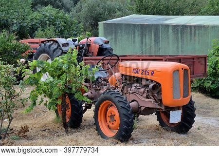 Vouves, August 09: Vintage Fiat 215 R Tractor On August 09, 2020 At Vouves, Crete Island, Greece.