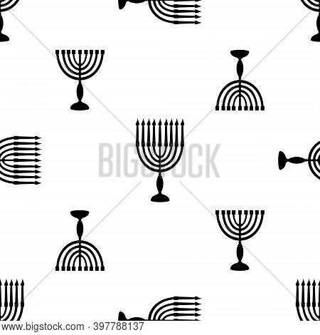 Hanukkah Symbol Menorah With Candles Black Silhouette Seamless Pattern. Background For Jewish Festiv