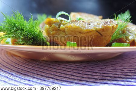 Fried Meat With Spices And Herbs, Close-up, Selective Focus