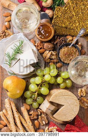 Plate Served With Assortment Of Organic Non-dairy, Raw Cheese From Cashew Nuts With Snacks, Fruits. 