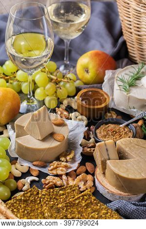 Plate Of Organic Raw Vegan Cheese, Snacks, Nuts, Fruits