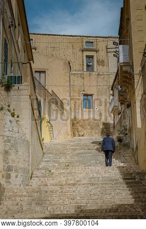 Sicily Italy, View Of Noto Old Town And Noto Cathedral, Sicily, Italy. Beautiful And Typical Streets
