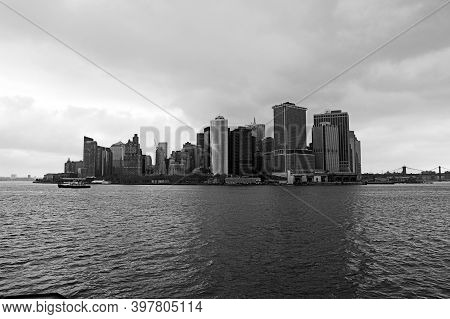Views Of The Iconic Buildings Of Manhattan, New York, From The Staten Island Ferry. Black And White