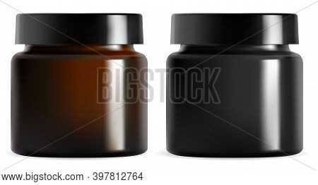 Cream Jar. Black Plastic Cosmetic Packaging Mockup. Isolated Brown Glass Container Vector Blank. Rea