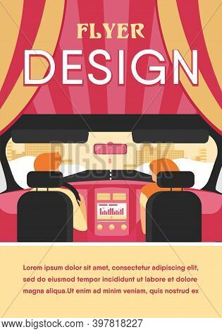 Couple Riding Vehicle. Back View Of Driver And Passenger Inside Car Interior. View From Backseat. Ve