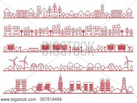 Set Of Simple Townscape Drawings Isolated On A White Background. Vector Illustration.