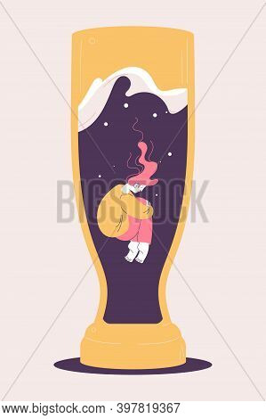 Young Depressed Woman Drowning Into Beer Glass. Concept Illustration About Alcoholism And Heavy Drin