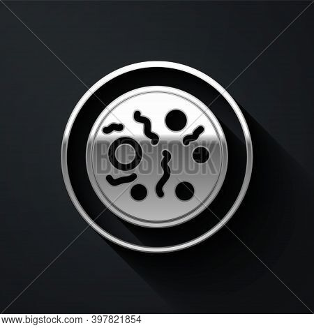 Silver Petri Dish With Bacteria Icon Isolated On Black Background. Long Shadow Style. Vector