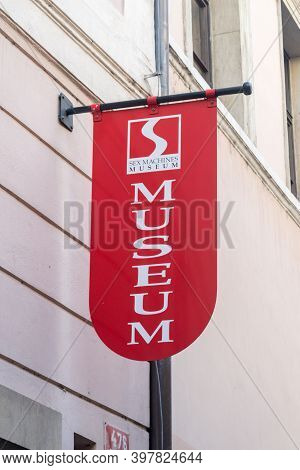 Prague, Czech Republic - July 10, 2020: Sex Machines Museum Sign.