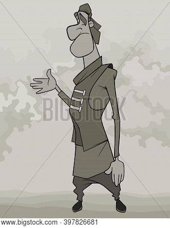 Cartoon Puzzled Man In Bandana Waved His Hand To The Side In Frustration. Image Is Monochrome